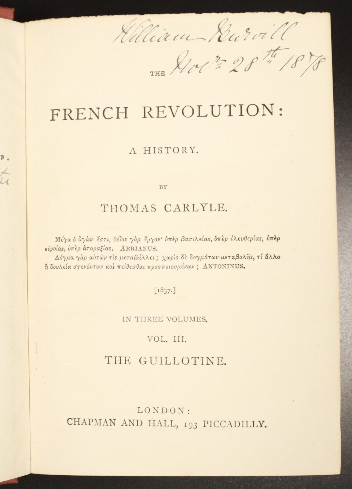 c1875 3vol The French Revolution History by Thomas Carlyle Antiquarian Book Set