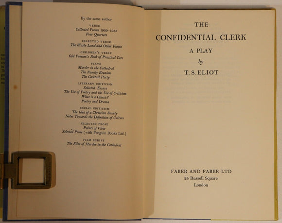 1954 The Confidential Clerk: A Play By T.S. Eliot Vintage Performing Arts Book
