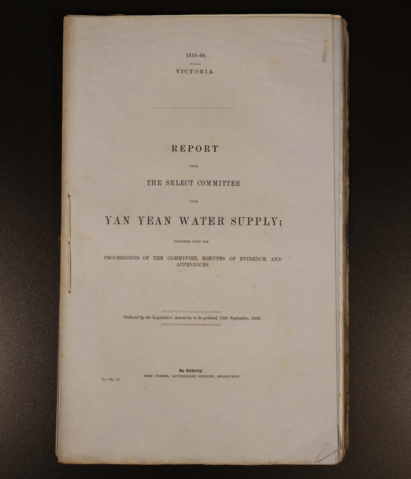 1860 Yan Yean Water Supply Colony Of Victoria Government Report History Book