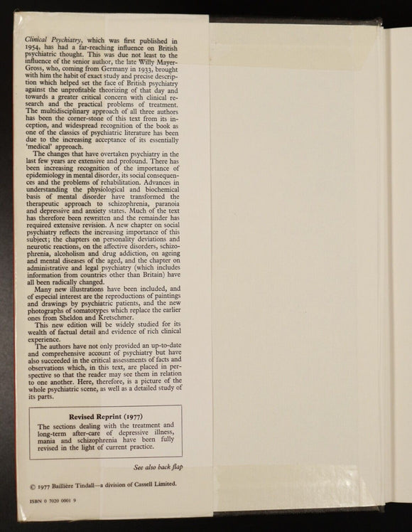 1979 Clinical Psychiatry by Eliot Slater & Martin Roth Medical Reference Book