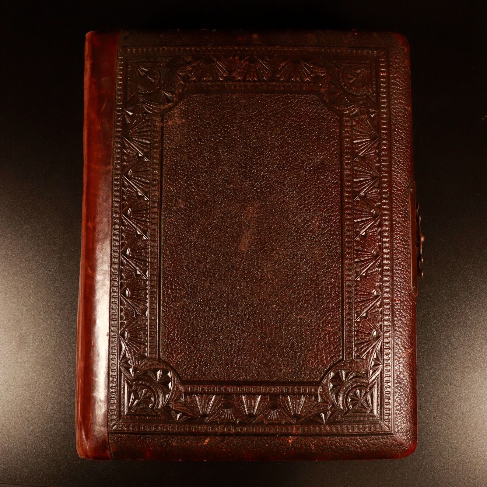 c1920 Antique Leather Photo Album Brass Clasp COOPER Family 54 Original Photos