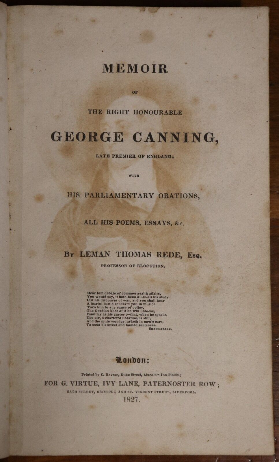 1827 Memoir Of George Canning by LT Rede Antiquarian Political History Book