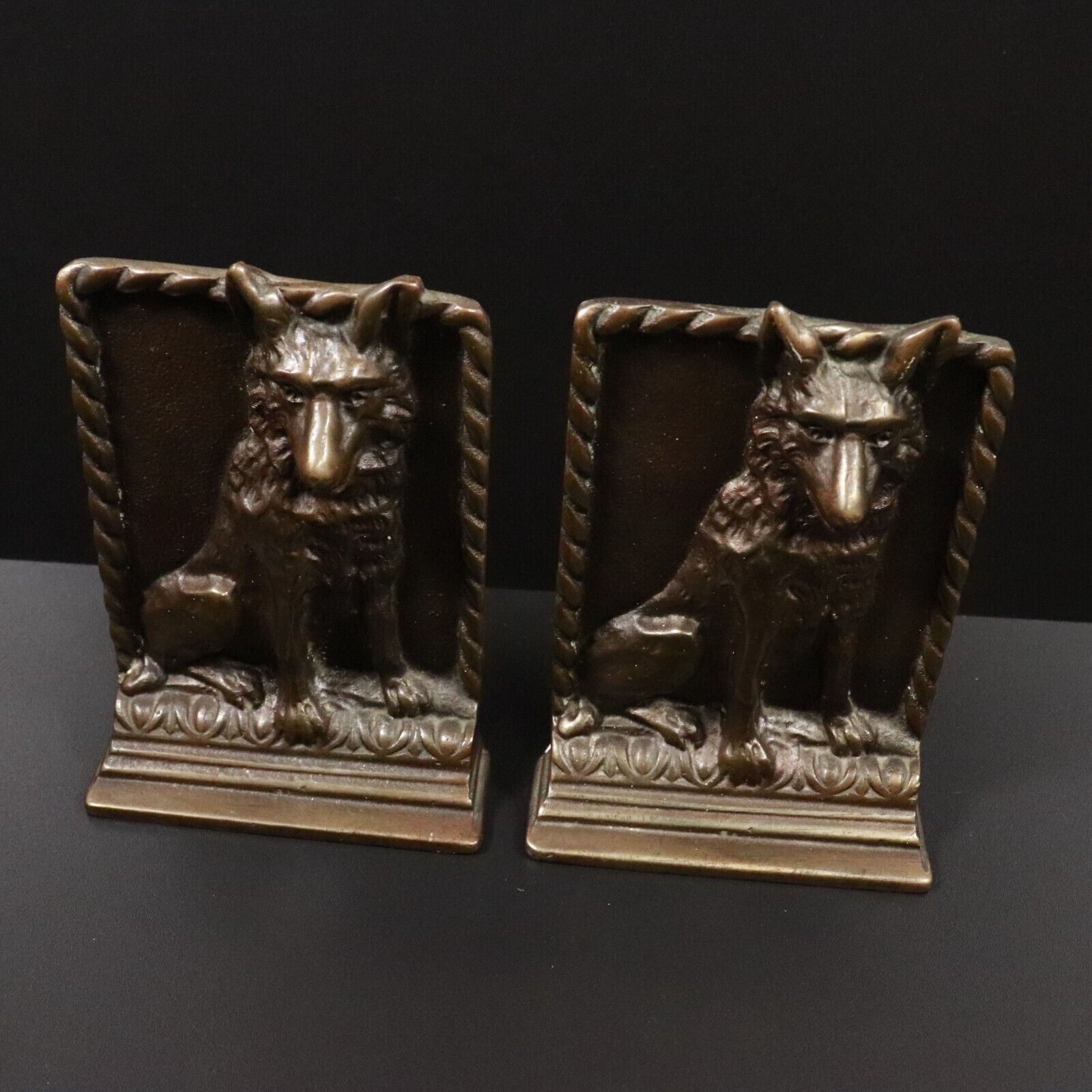 c1930's Wolf Themed Book Ends Antique Cast Brass Bookends Natural History