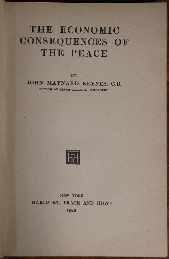 1920 The Economic Consequences Of The Peace John M. Keynes 1st Ed Economics Book