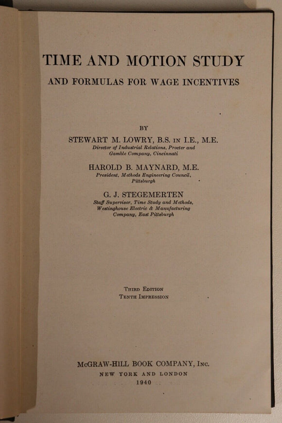 1940 Time & Motion Study: Formulas For Wage Incentives Reference Book