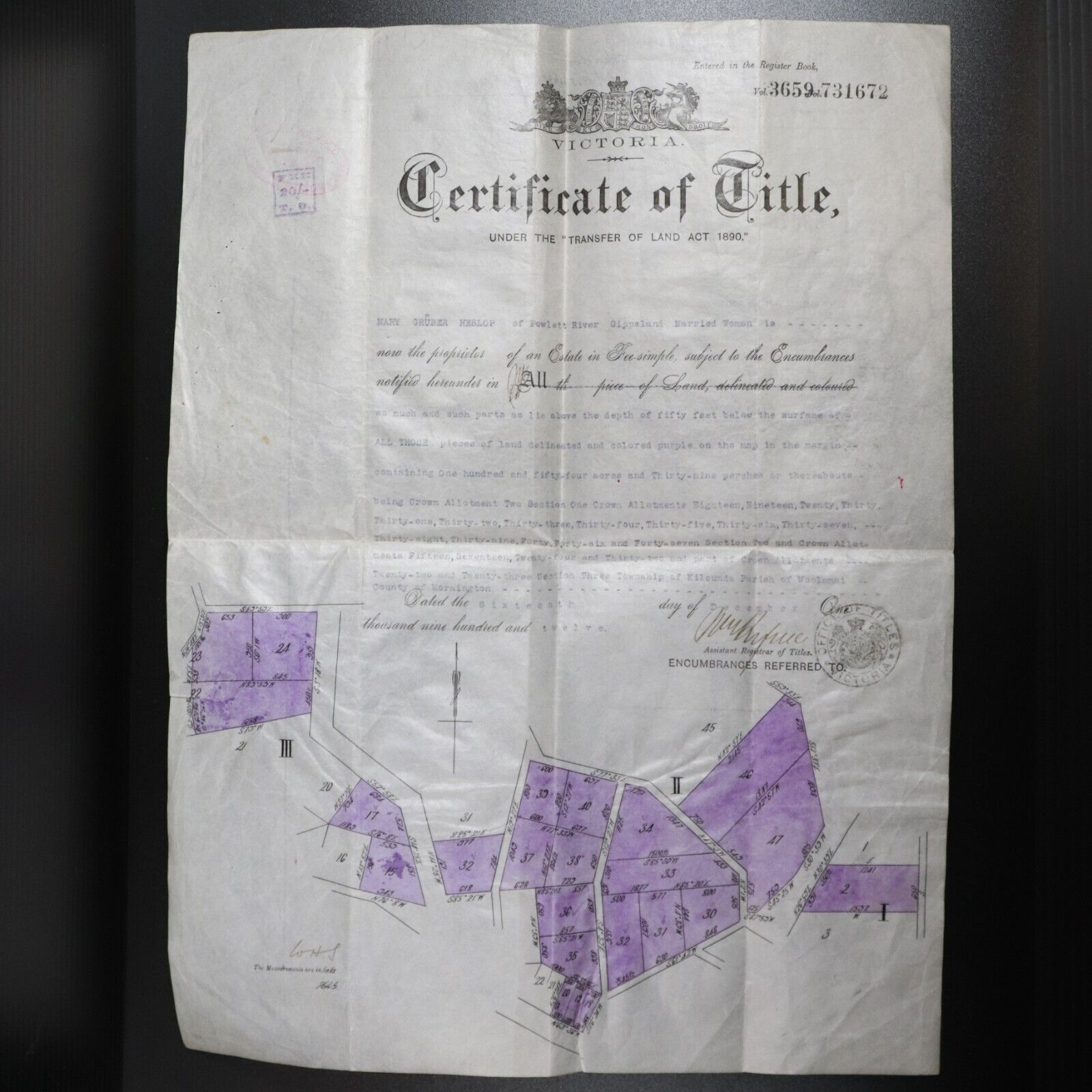 1912 Victorian Land Title Certificate Mornington Melbourne Manuscript Woolamai