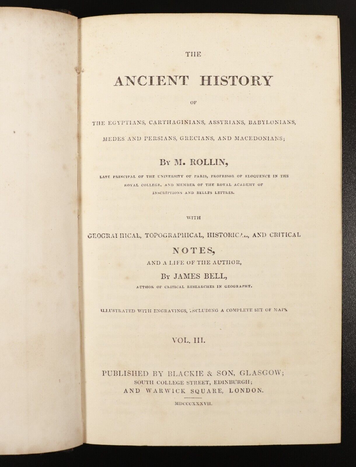 1837 Ancient History Of Babylonians Assyrians by M. Rollin Antiquarian Book Vol3