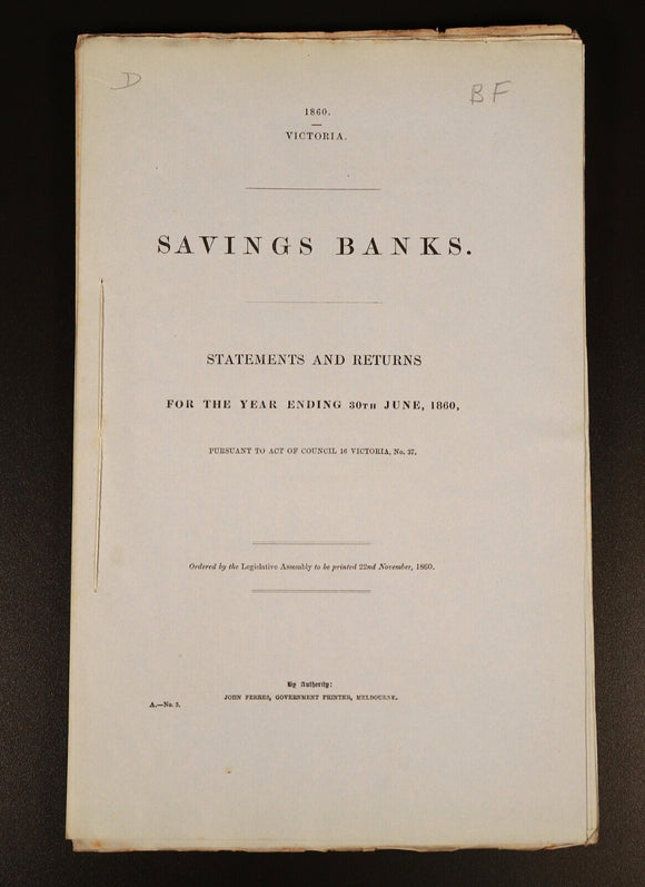 1860 Savings Banks Colony Of Victoria Government Report History Book Stocks