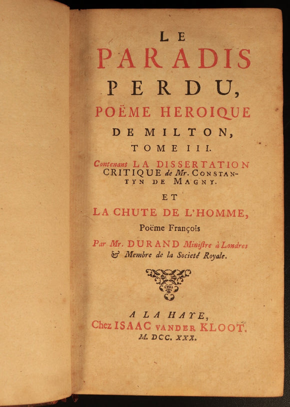 1730 Le Paradis Perdu Poeme Heroique De Milton Antiquarian Book Paradise Lost