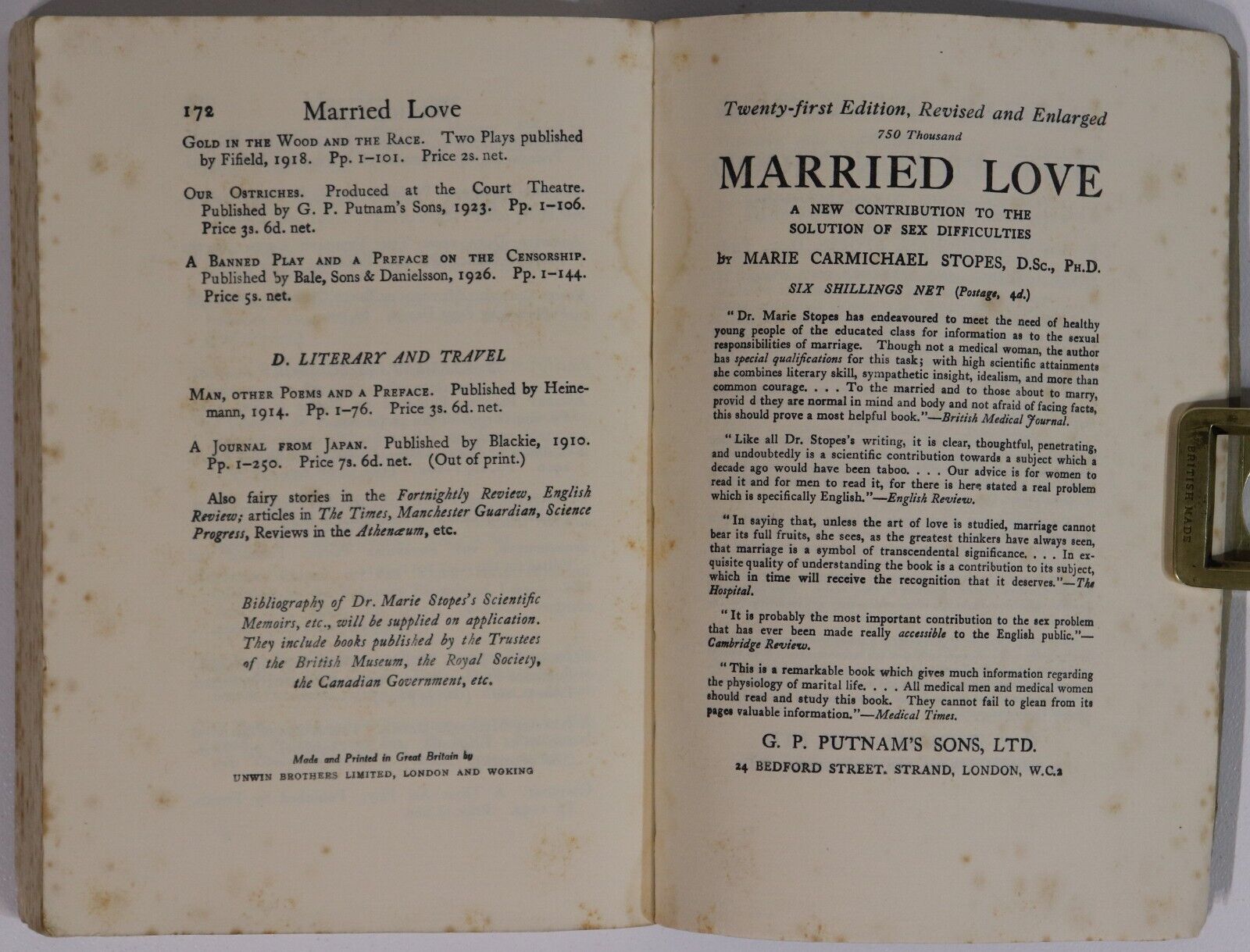 1933 Married Love by Dr Marie Stopes Antique Sex Psychology Reference Book