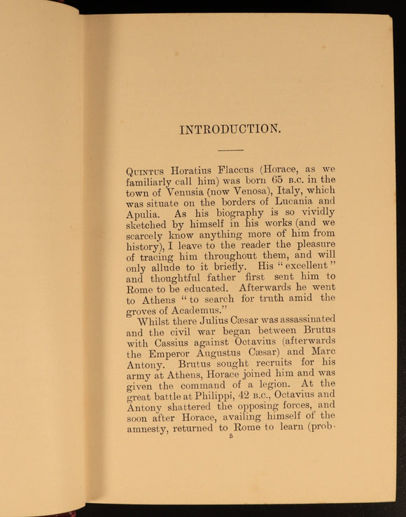 1893 The Works Of Horace Antique Roman Literature Book Poetry Quintus Flaccus