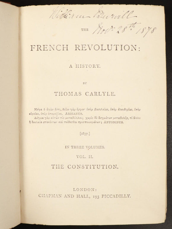c1875 3vol The French Revolution History by Thomas Carlyle Antiquarian Book Set