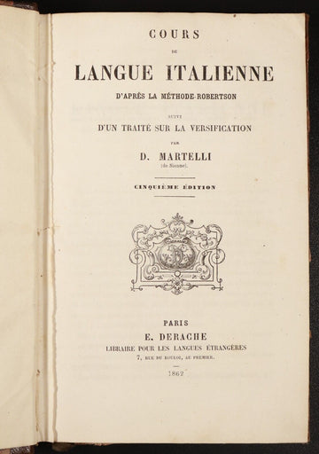 1862 Cours de Langue Italienne French Italian Antiquarian Language Book Martelli - 0