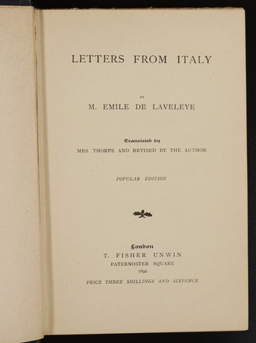 1892 Letters From Italy by M. Emile De Laveleye Antique Italian History Book - 0