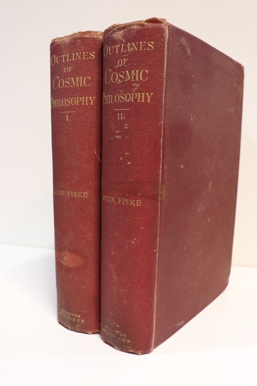 1890 2vol Outlines Of Cosmic Philosophy by J. Fiske Antique Philosophy Book Set