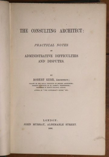 1886 The Consulting Architect by Robert Kerr Antique Architecture Reference Book - 0