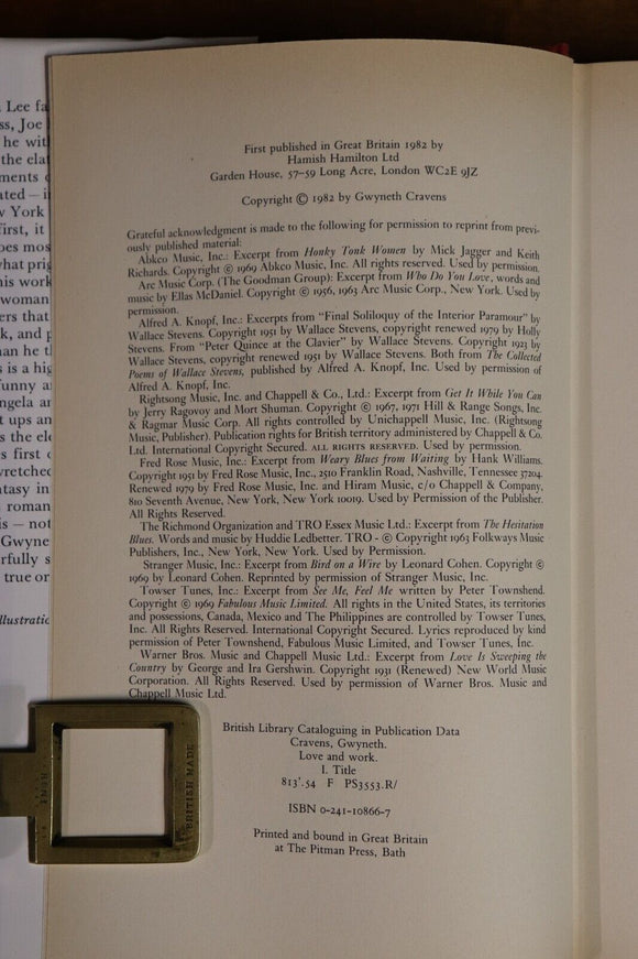 1982 Love & Work by Gwyneth Cravens 1st Edition Novel Fiction Book