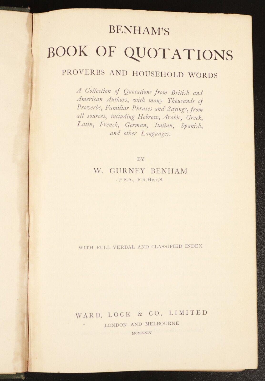 1924 Benham's Book Of Quotations Proverbs Household Words Antique English Book