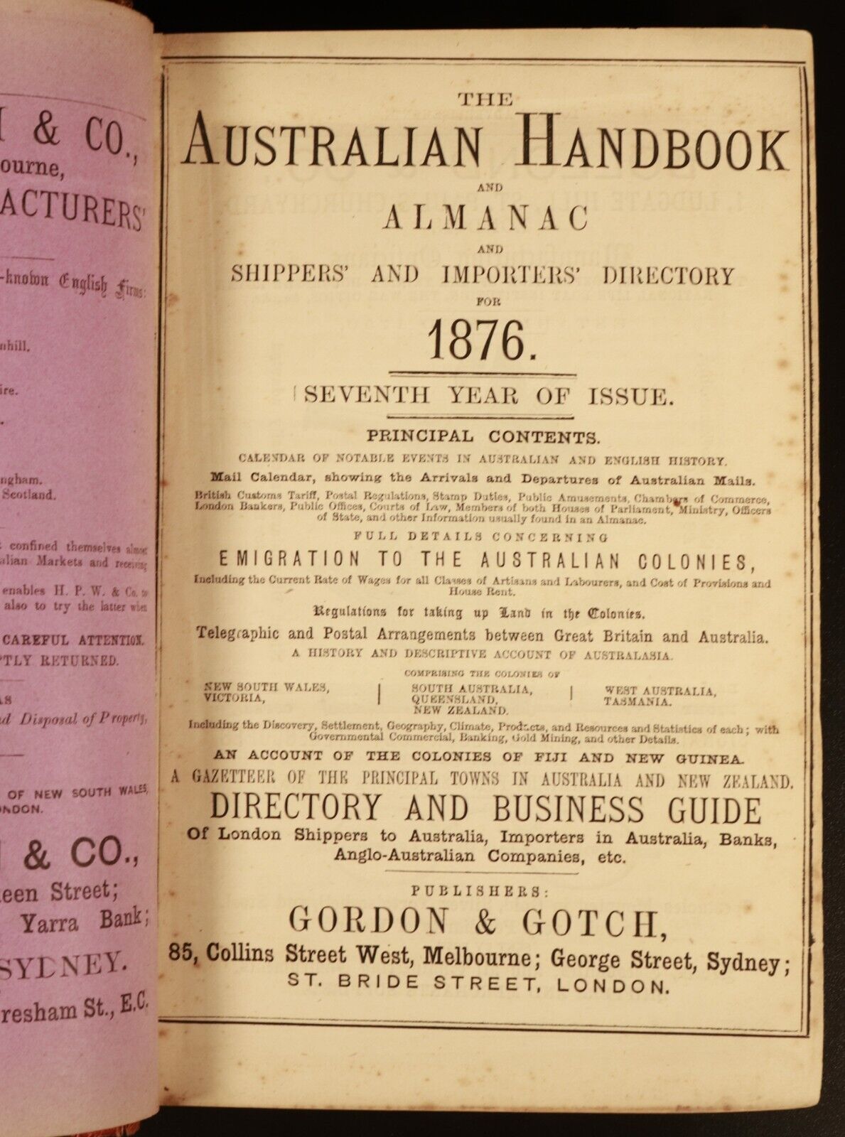 1876 Australian Handbook Almanac Shippers' Directory Antiquarian Reference Book