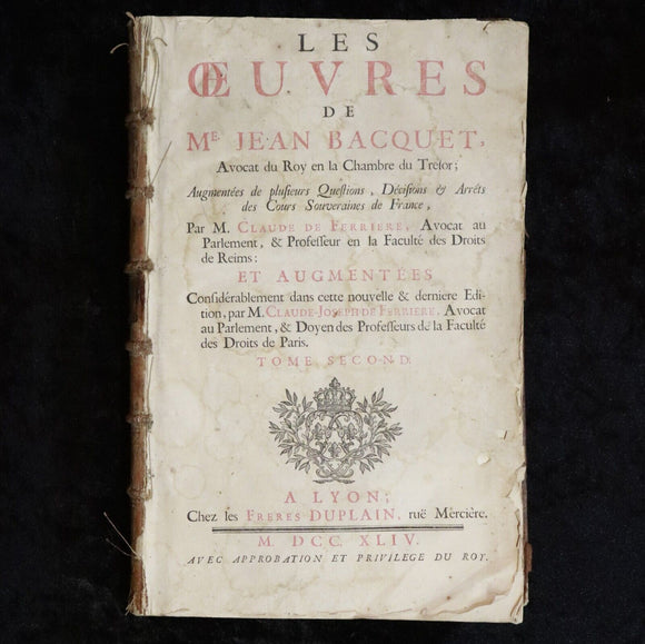 1744 Les Oeuvres De Me Jean Bacquet: Claude De Ferriere French Antiquarian Book