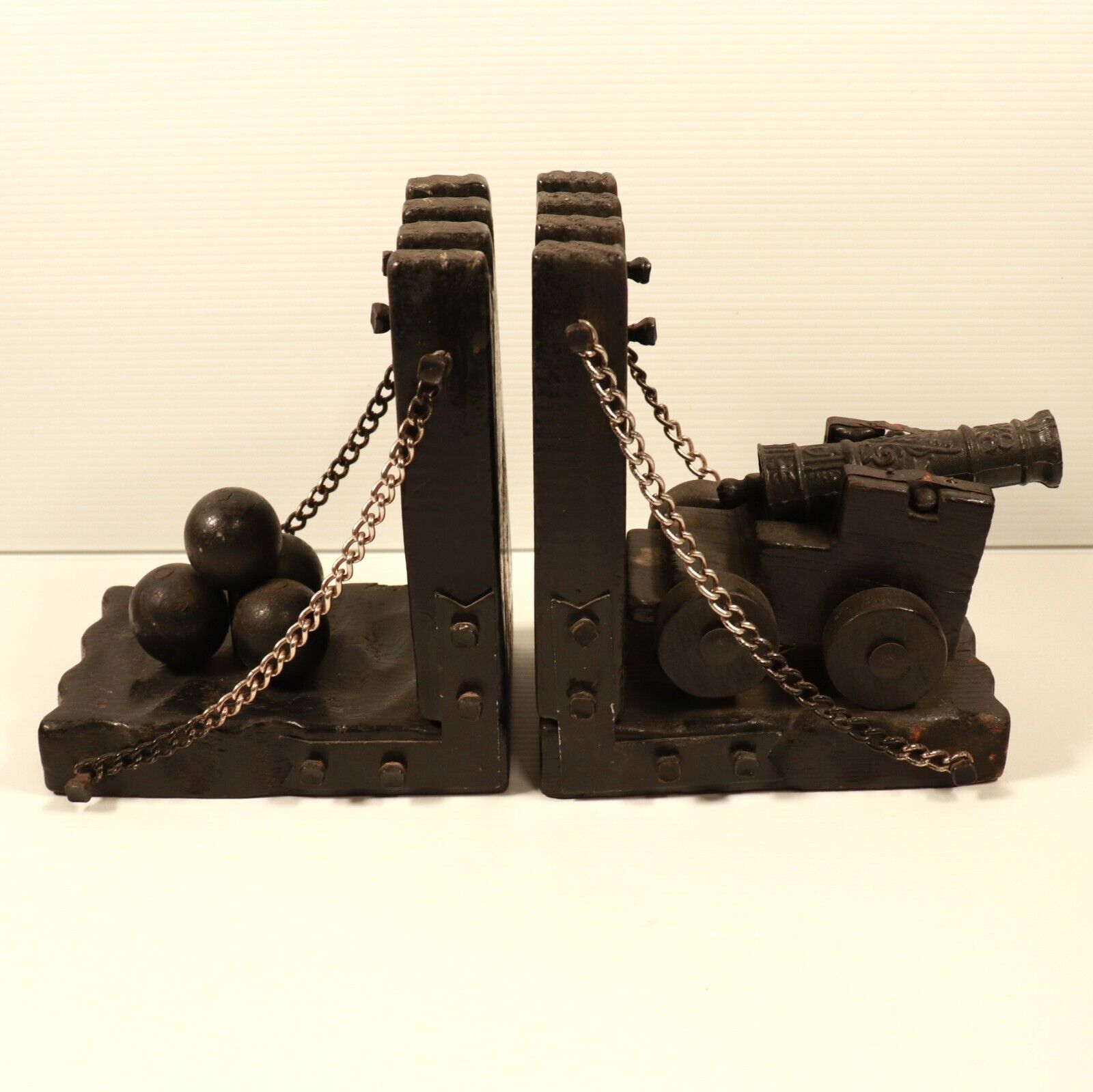 c1960's Military or Medieval Themed Bookends Vintage Wooden & Cast Bookends