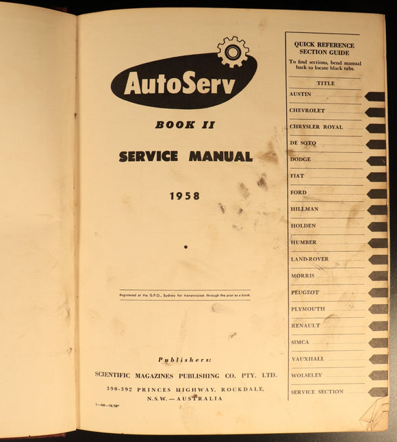 Autoserv Book II Service Manual 1958 Vintage Automotive Reference Book FE Holden