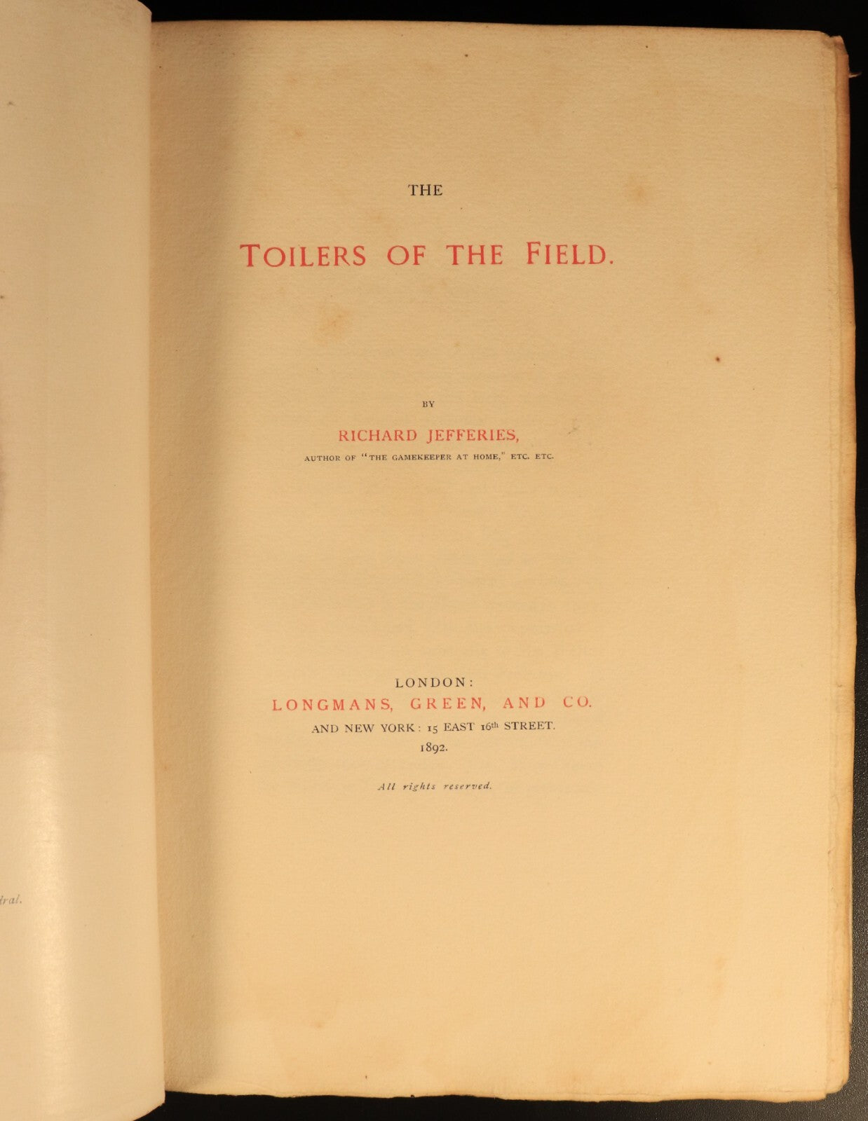 1892 Toilers Of The Field by Richard Jefferies Antique History Book Ltd Edition