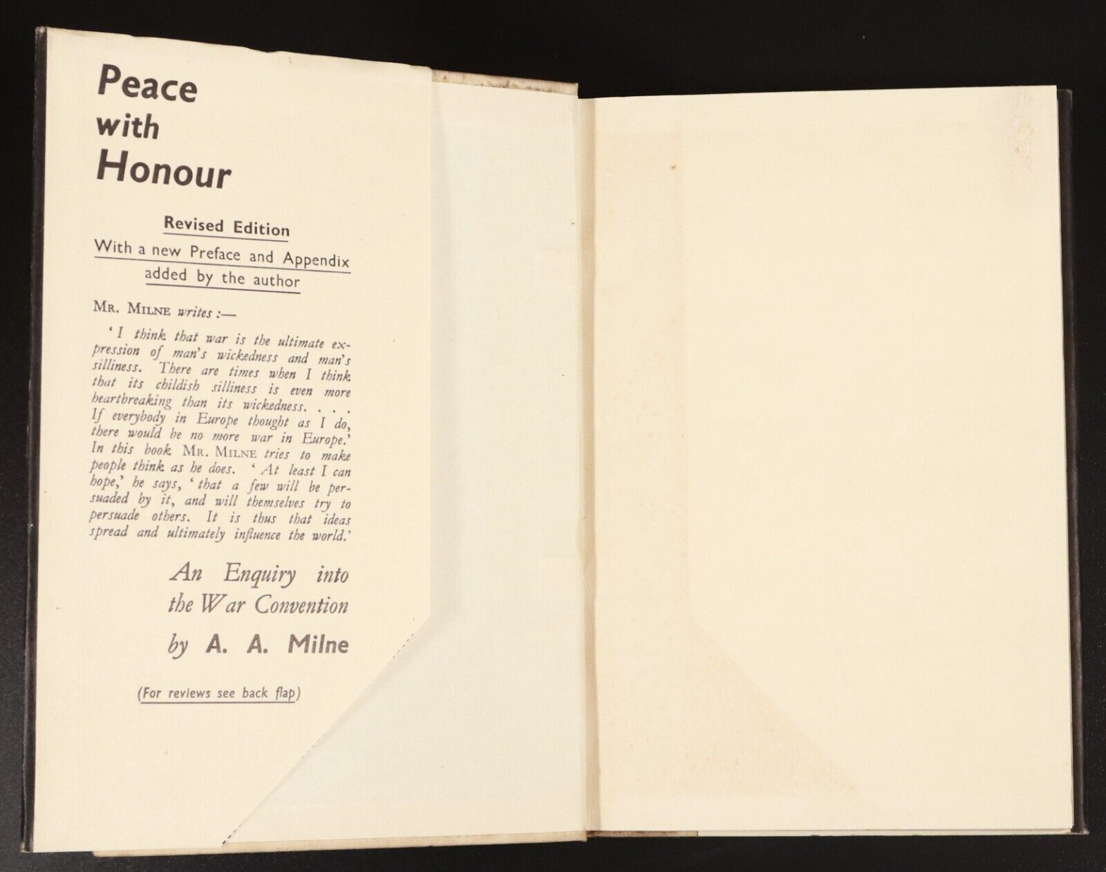 1935 Peace With Honour by A. A. Milne Antique Military History Book 4th Edition