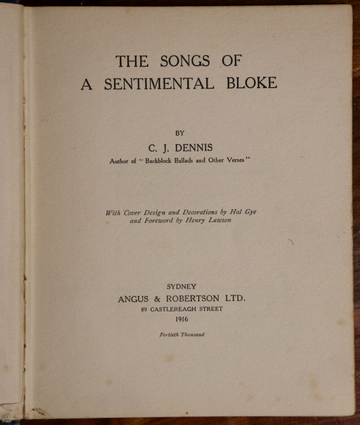 1916 The Sentimental Bloke by CJ Dennis Classic Australian Fiction Poetry Book - 0