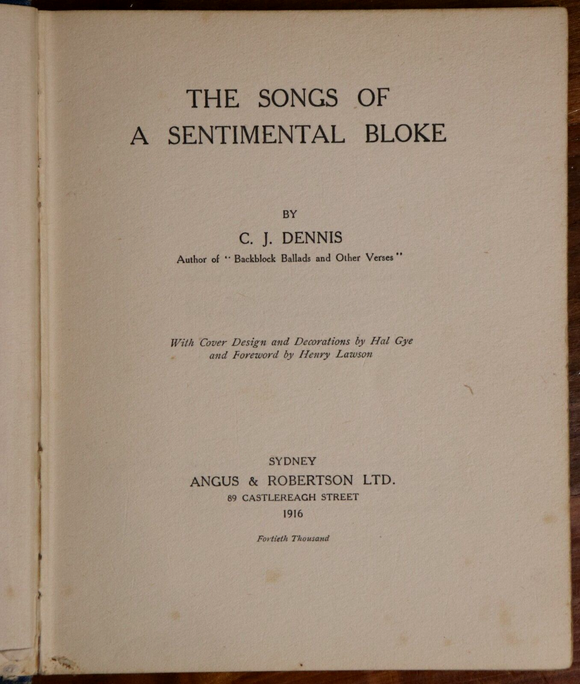1916 The Sentimental Bloke by CJ Dennis Classic Australian Fiction Poetry Book
