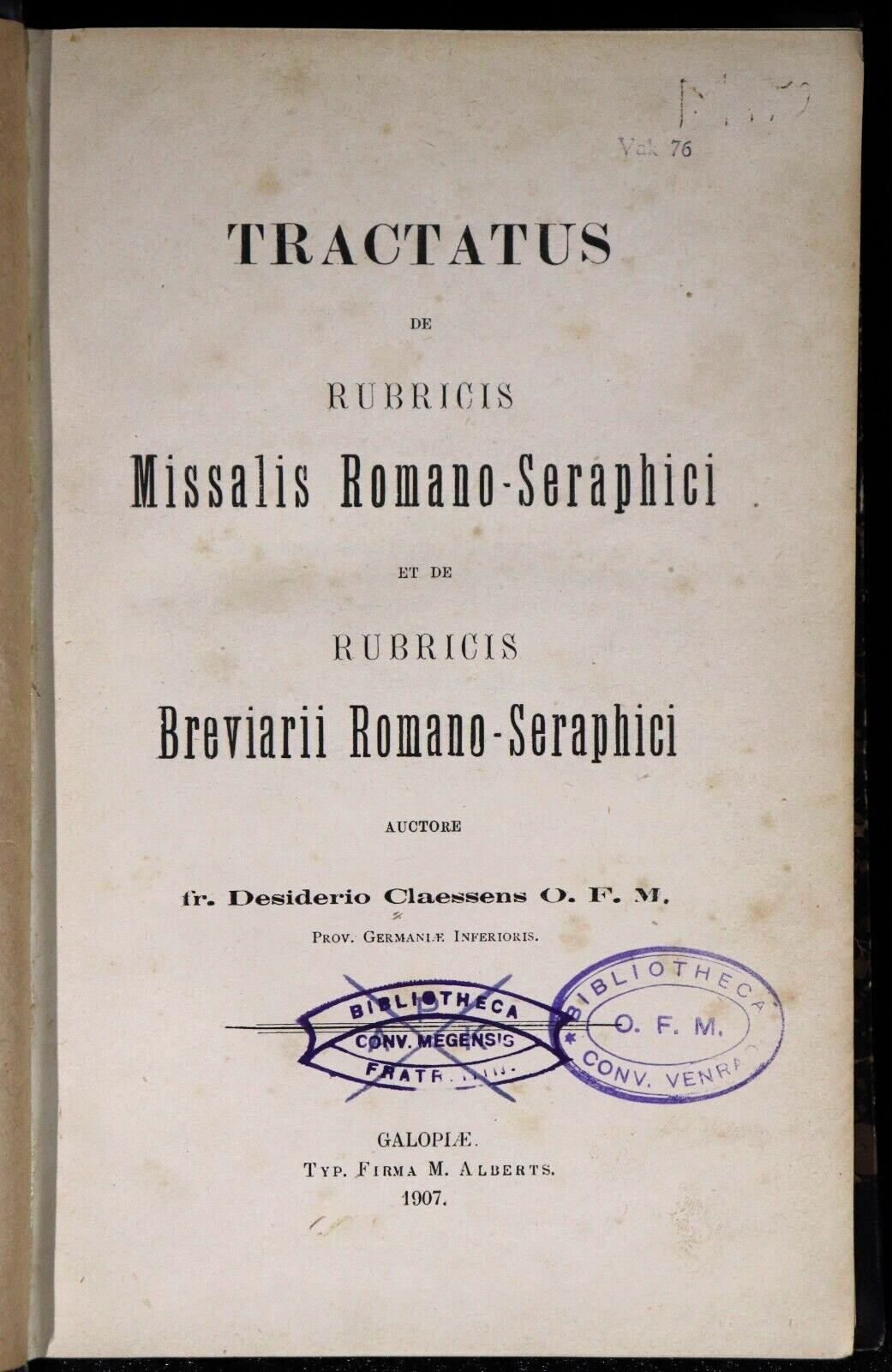 1907 Tractatus De Rubricis Missalis Romano Seraphici Antique Theology Book