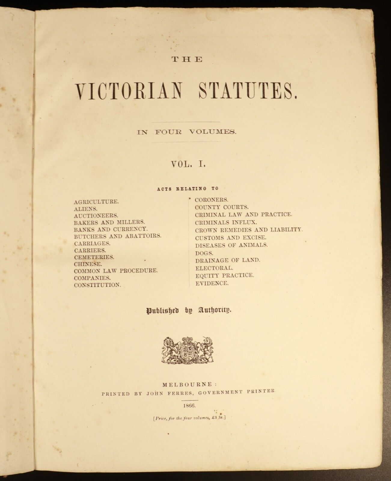 1866 Victorian Statutes Colony Of Victoria Antiquarian Australian History Book - 0