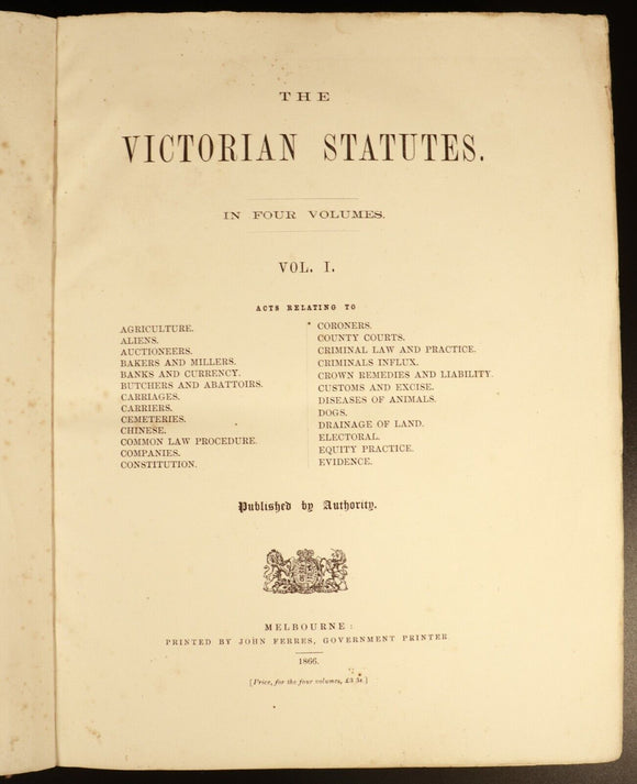 1866 Victorian Statutes Colony Of Victoria Antiquarian Australian History Book