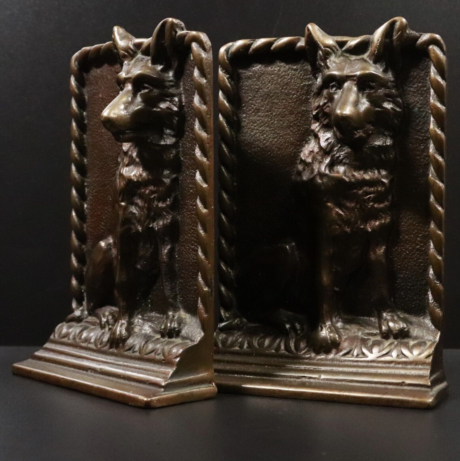 c1930's Wolf Themed Book Ends Antique Cast Brass Bookends Natural History