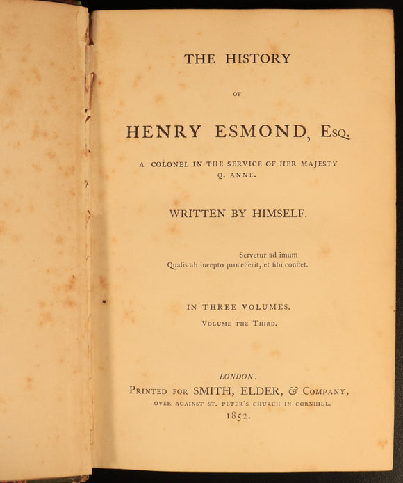 1852 3vol History Of Henry Esmond by Thackeray Antique Fiction Book Set 1st Ed.