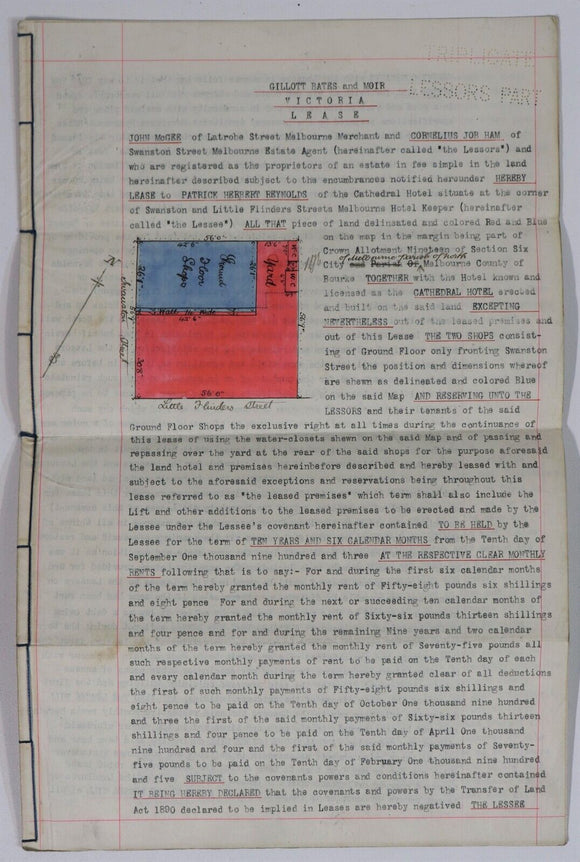 1903 Lease Agreement For Cathedral Hotel Melbourne CBD Australian Manuscript