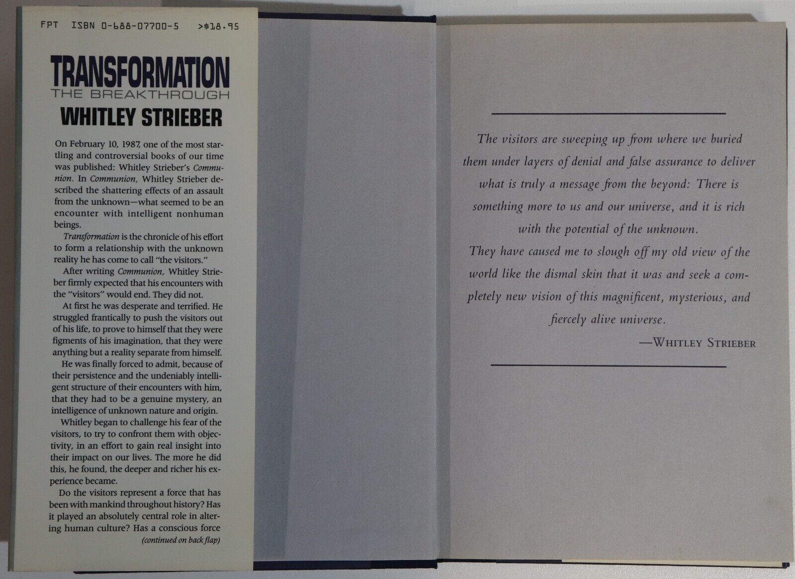 1988 Transformation by Whitley Streiber 1st Edition Science Fiction UFO Book