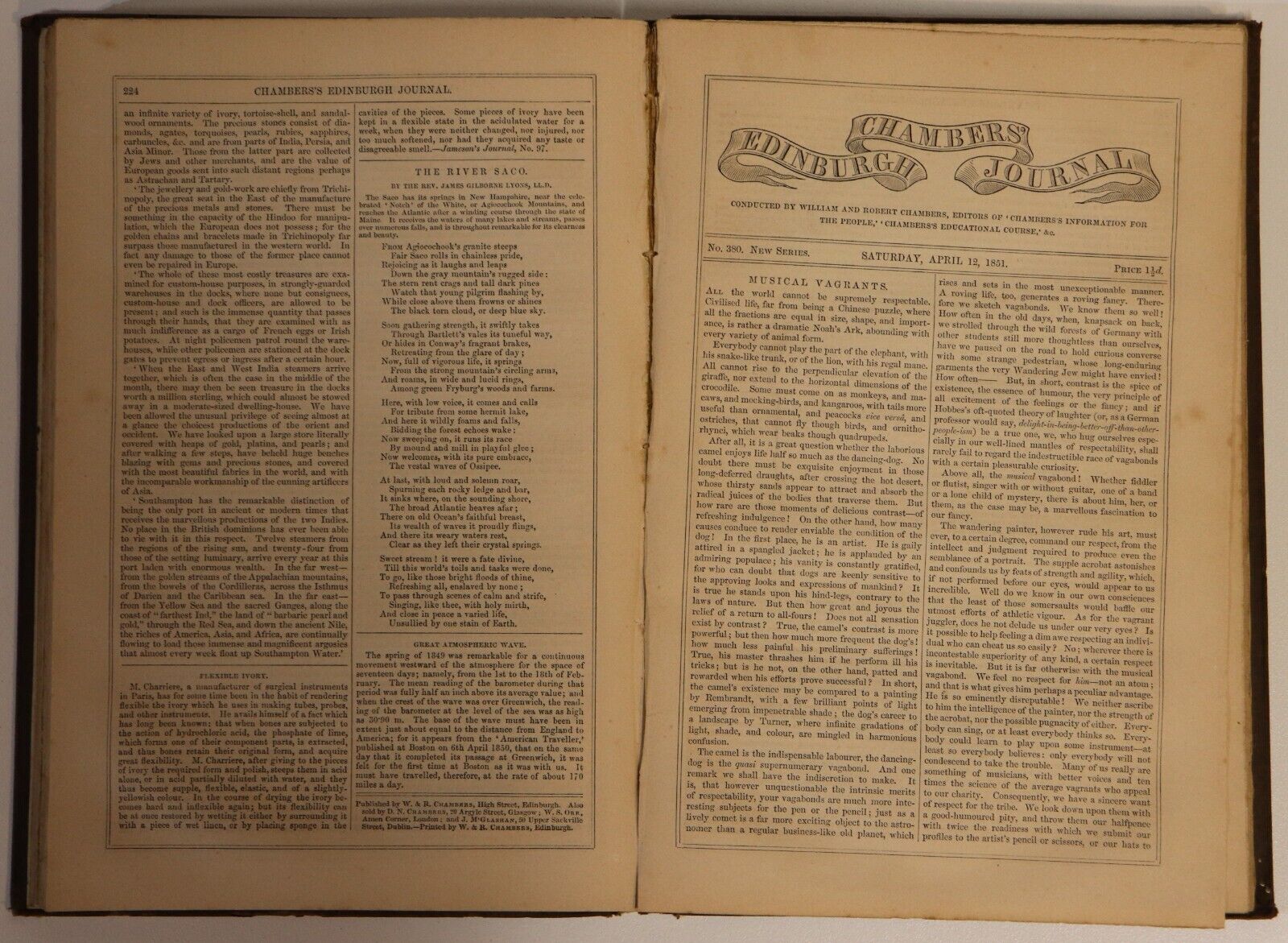 1851 Chambers's Edinburgh Journal Vol. 15 Antique British Reference History Book