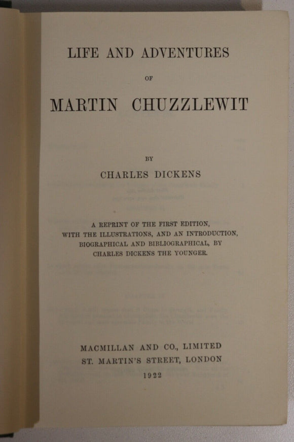 1922 Martin Chuzzlewit by Charles Dickens Antique Classic Literature Book 1