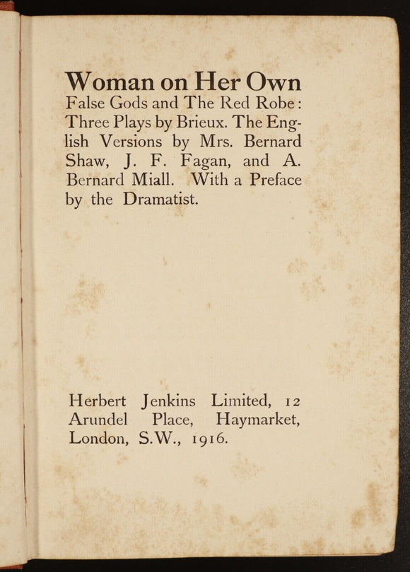 1916 Woman On Her Own 3 Plays by Brieux Antique Literature & Theatre Book