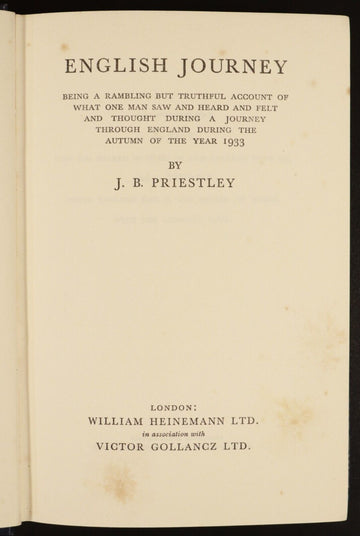 1934 English Journey by JB Priestley 1st Edition British Travel Book - 0