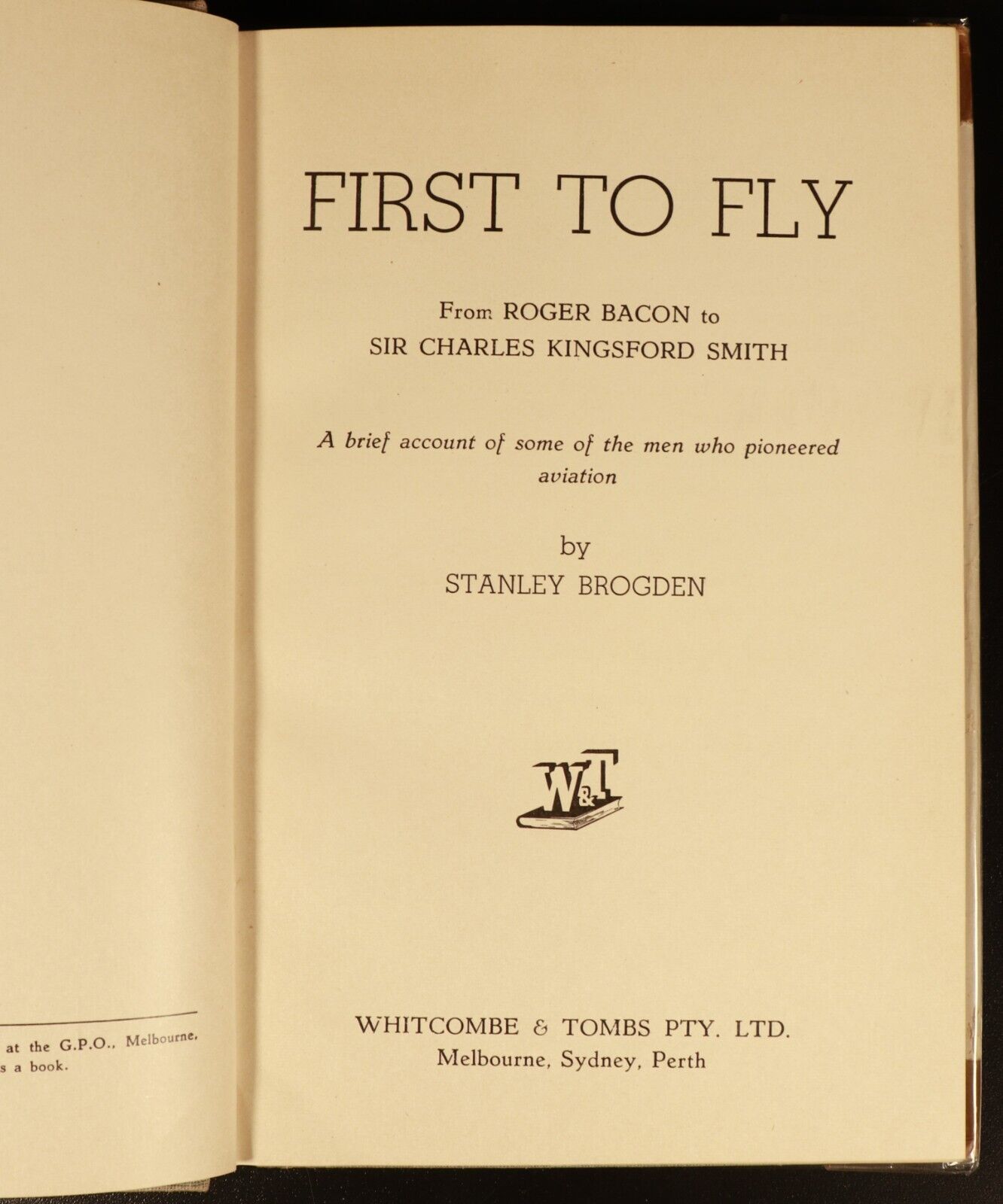 c1936 First To Fly: Story Of Pioneers by Stanley Brogden Aviation History Book