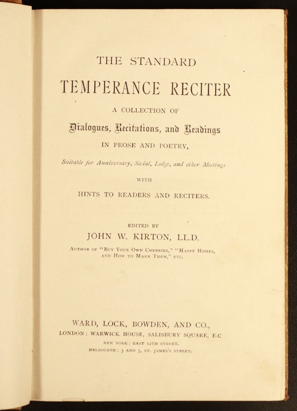 c1890 Kirton's Standard Temperance Reciter Antiquarian English Reference Book