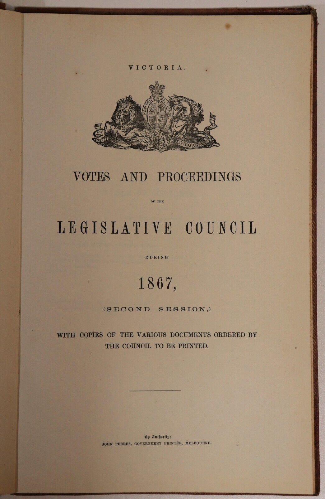 1867 Colony Of Victoria Votes & Proceedings Of Legislative Council Antique Book