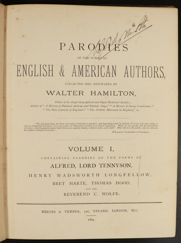 1884 4vol Parodies Of English & American Authors Antiquarian Literature Books