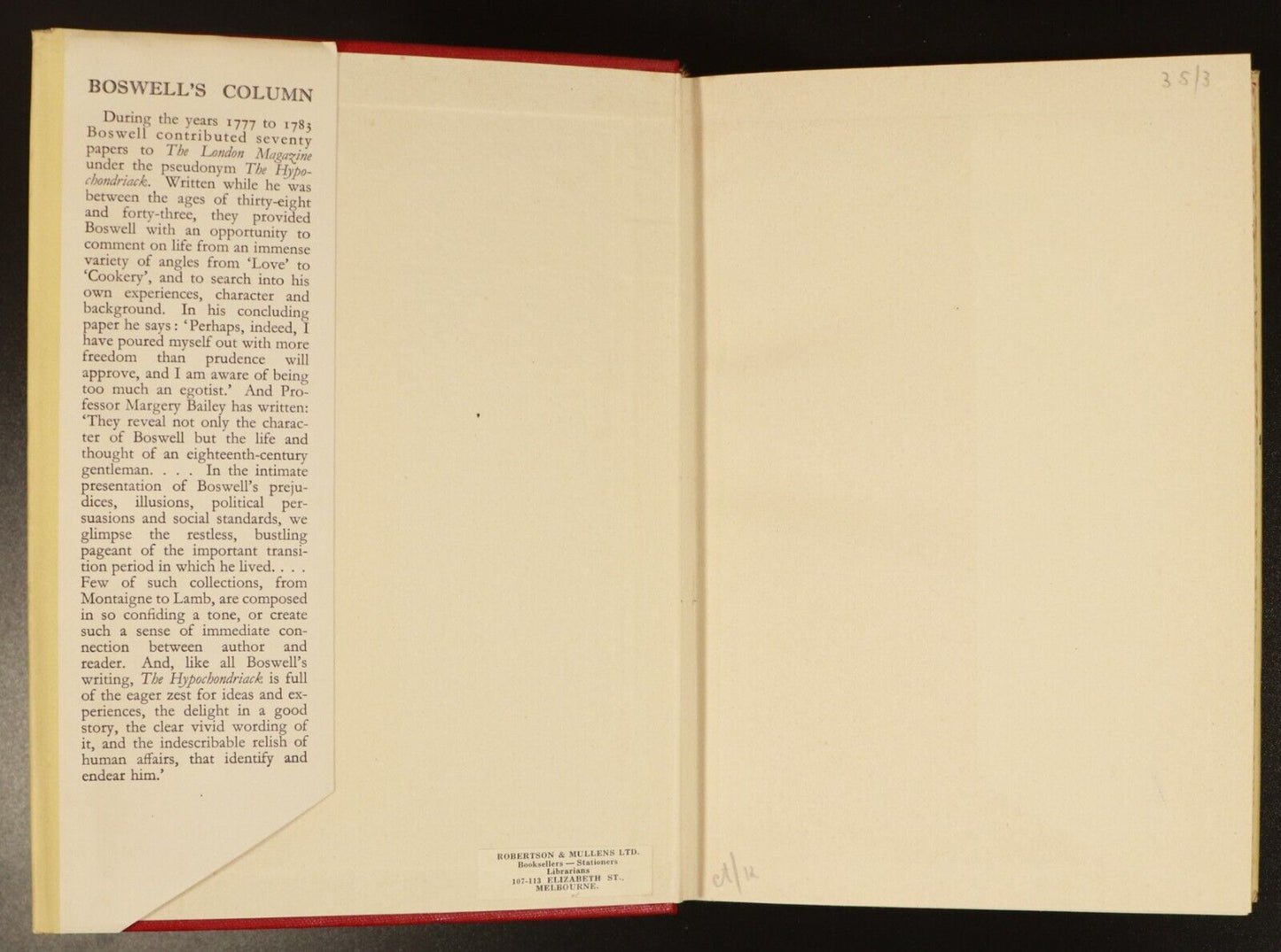 1951 Boswell's Column 1st Edition Vintage Scottish History Book