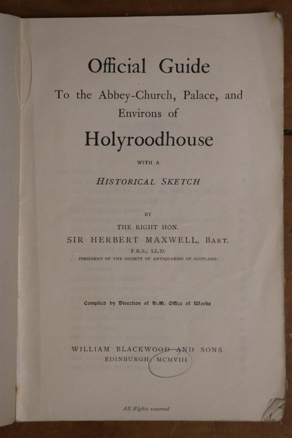 1908 Official Guide to the Abbey-Church of Holyroodhouse Antique Tour Guide