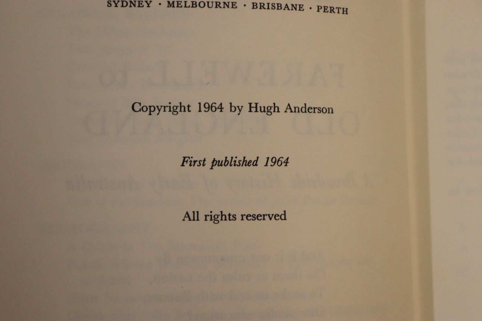 1964 Farewell To Old England by H Anderson 1st Ed. Australian History Book