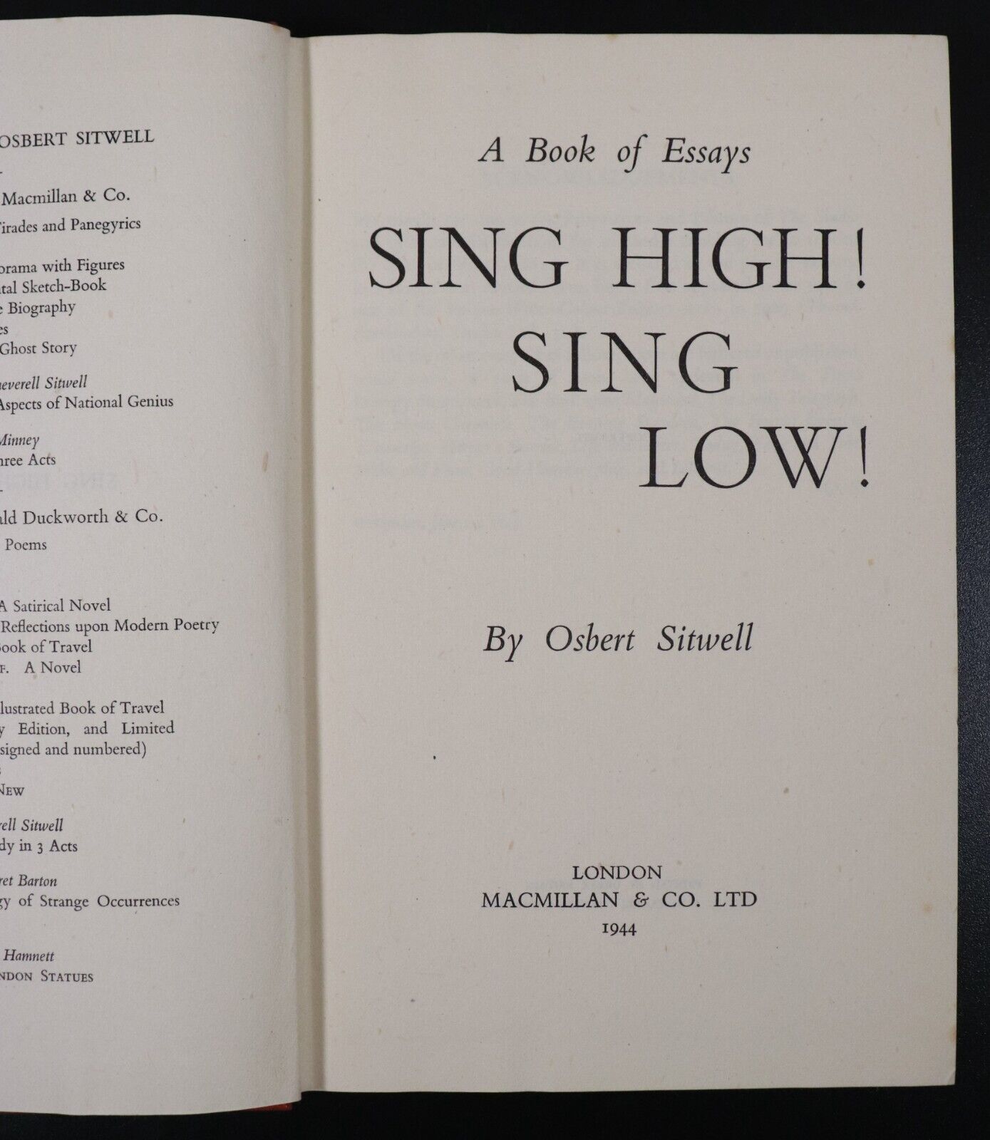 1944 Sing High Sing Low Essays by Osbert Sitwell Antique English Literature Book