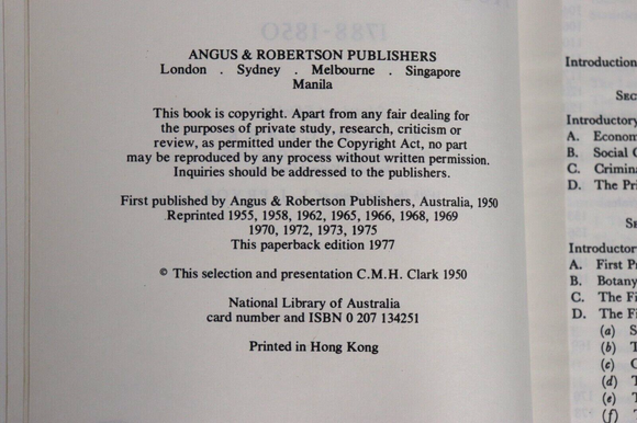 1977 Select Documents In Australian History Manning Clark History Book